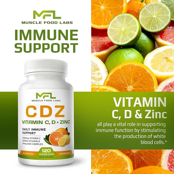 | C D Z | Vitamin C, 1000mg | Vitamin D3, 125mcg | Zinc, 25mg | Non-GMO & Gluten Free | 120 Vegetarian Capsules | 120 Servings