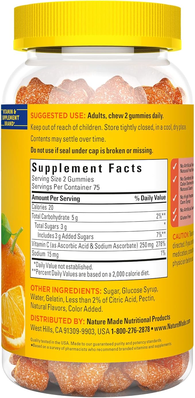 Nature Made Vitamin C 250 mg per serving, Dietary Supplement for Immune Support, 150 Gummies, 75 Day Supply