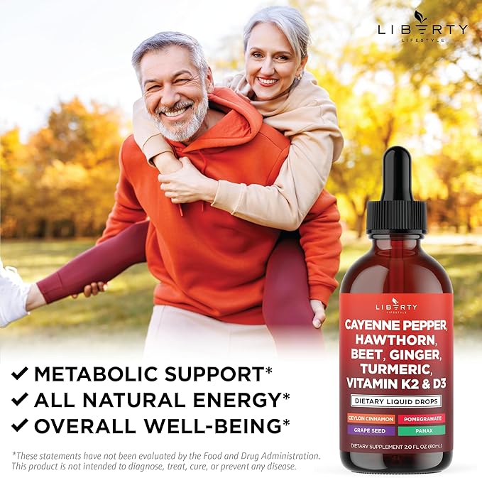 Cayenne Pepper Supplement Liquid Drops + Hawthorn Berry, Vitamin D3 K2 Beet Root Powder, Ceylon Cinnamon, Turmeric Curcumin, Organic Panax Ginseng - 2oz