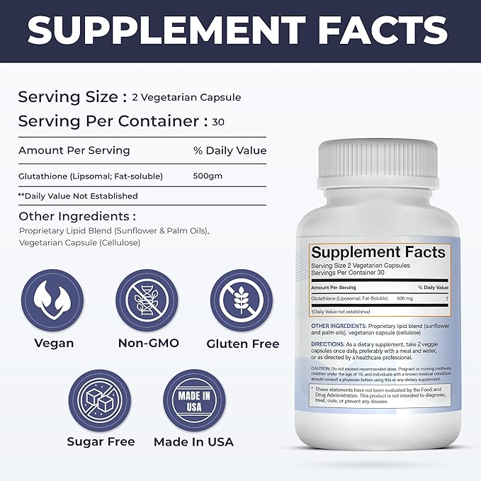 Liposomal Glutathione Non-GMO, Gluten Free 500mg Supplement - May Provide Immune Support, Liver Detox, Brain Health and Heart Health - 60 Glutathione Capsules
