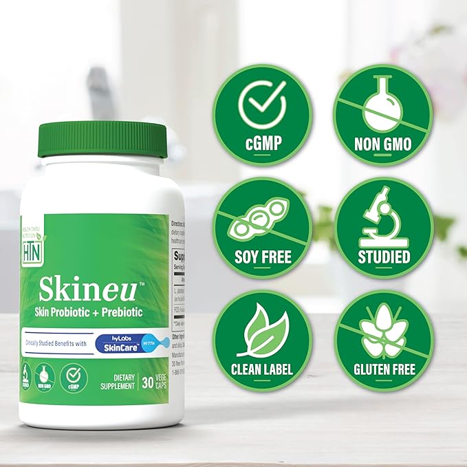 Health Thru Nutrition Skineu - Skin Probiotic + Prebiotic | Supports Skin Hydration & Elasticity | Clinically Studied Ingredients |3rd Party Tested, Non-GMO & Gluten-Free | 30 VegeCapsules