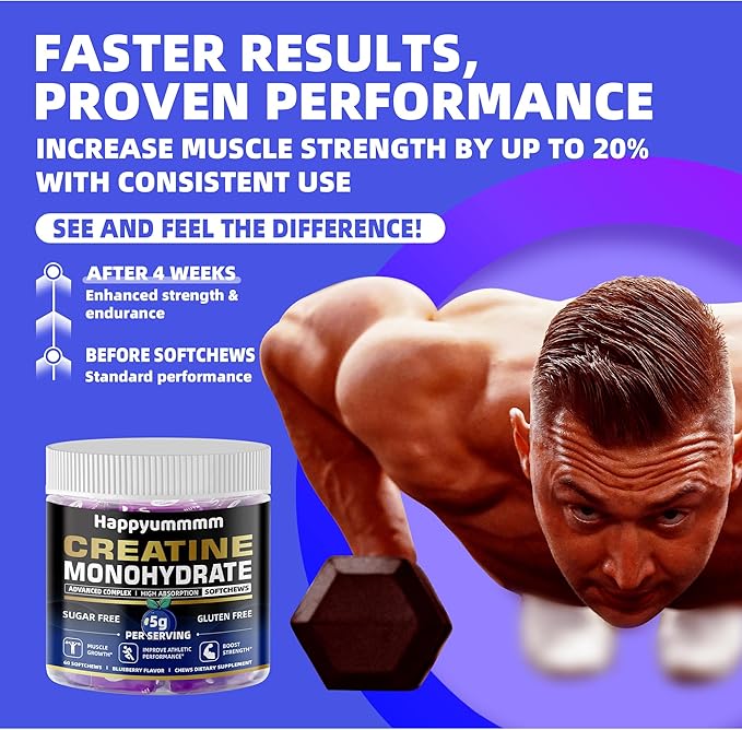 Creatine Monohydrate Soft Chews 5g for Men & Women, Preworkout Gummy with Electrolyte for Muscle Growth, Strength & Energy Support, Blueberry 60 pcs