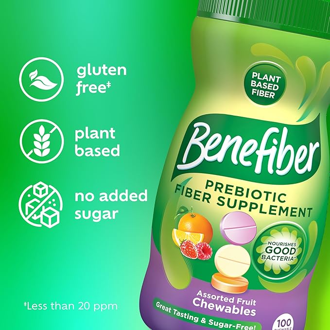 Benefiber Chewable Prebiotic Fiber Supplement Tablets for Digestive Health, Assorted Fruit Flavors - 100 Count