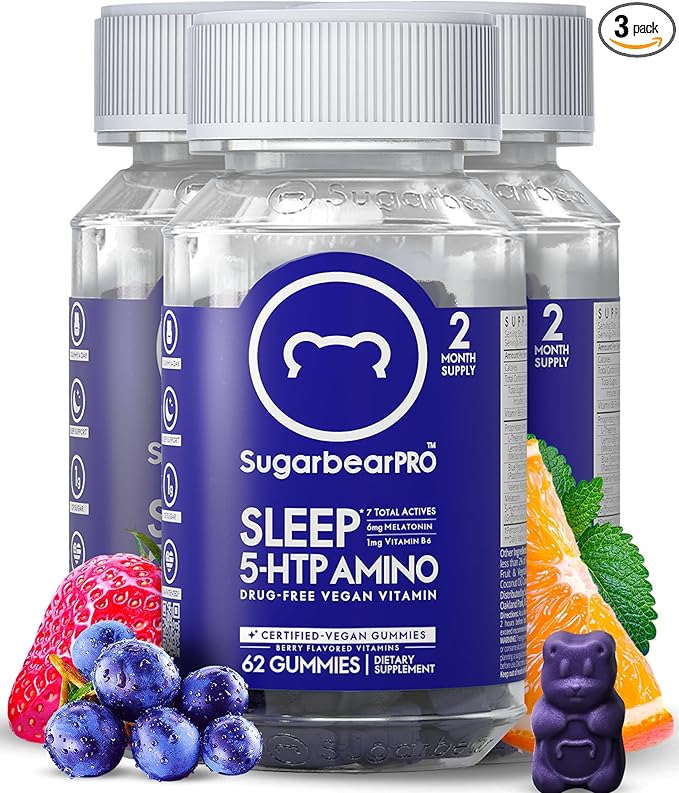 Sugarbear Sleep Gummy 6 Month Supply, Extra Strength Melatonin 6mg, for Men & Women, Vegan Vitamin B6, L-Theanine, 5 HTP, Valerian, Sleep Aid for Adults & Teens, Certified Kosher, Halal, Cruelty-Free