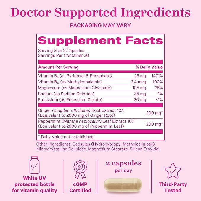 Pink Stork Vitamin B6, Ginger, Electrolyte Capsule - Natural Digestive Support with Peppermint, Potassium, Magnesium - Gentle on The Stomach - Pregnancy, + Motion Sickness Must Haves - 60ct