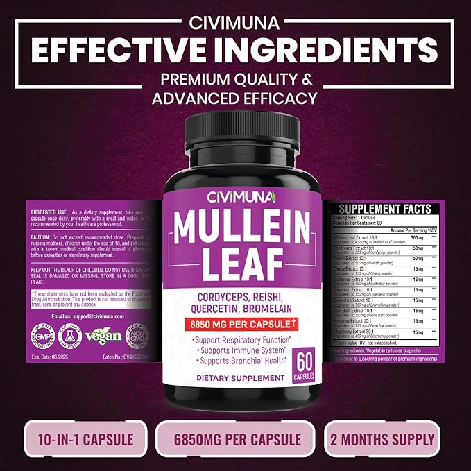 (2 Packs) Mullein Leaf Capsules 6850mg - Mullein Leaf, Cordyceps, Reishi - 4 Months Supply