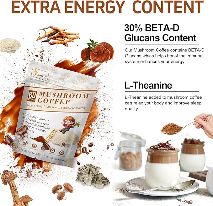 Mushroom Coffee Powder Organic (60 Servings) Instant Coffee Natural Ingredients - Lion's Mane, Cordyceps, Reishi, Chaga Mushrooms Powder Supplement Better Focus and Immunity, Gut Digestion