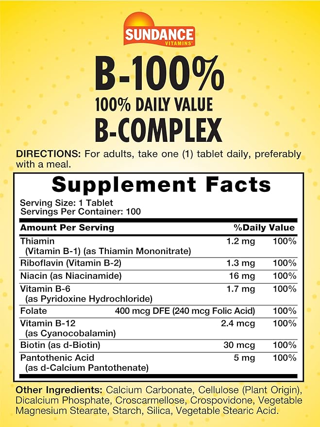 Sundance Vitamin B-Complex 100% Daily Value | 100 Tablets | Vegetarian, Non-GMO, and Gluten Free Supplement