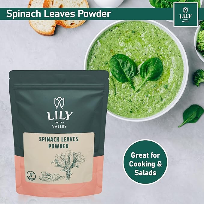 Lily of the Valley Spinach Powder - Green Superfood Powder for Juice, Smoothies, Soups, Baked Dishes & Recipes - Vegan & Gluten-Free - Packed in Resealable Pouch (16oz, 453g)