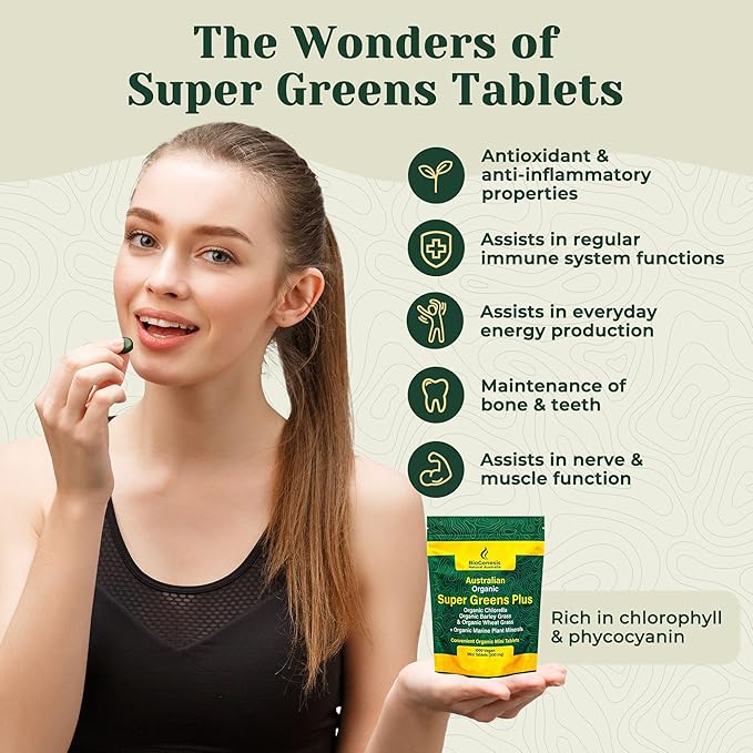 BIOGENESIS Australian Organic SuperGreens Plus Chlorella, Barley Grass, Wheat Grass, Marine Plant Minerals Australia, Tablets (200 mg) (1000 Count)