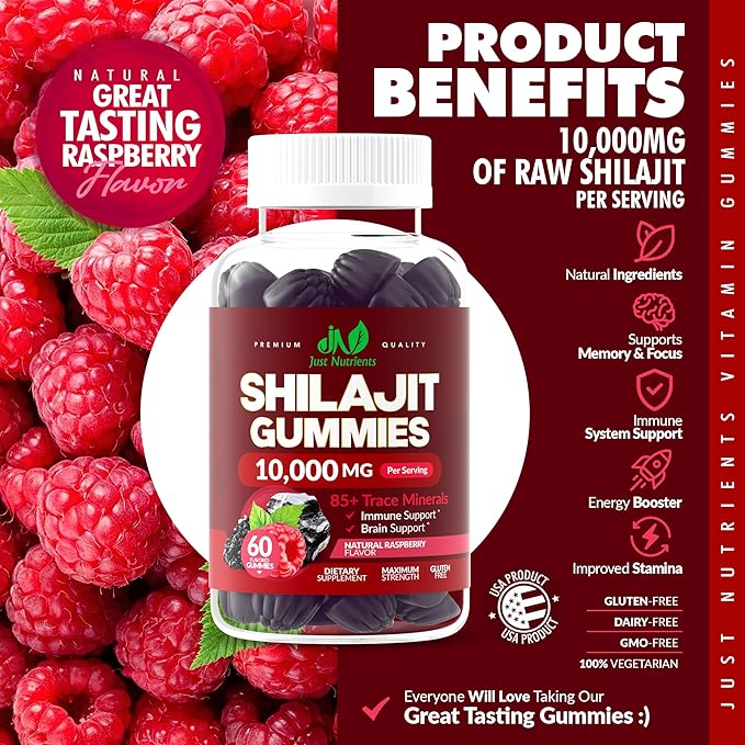 Shilajit Gummies 10,000mg for Men & Women - Maximum Strength Pure Himalayan Shilajit, Gluten-Free, Non-GMO, 100% Vegetarian - Natural Raspberry Flavor - 60 Count