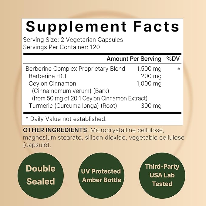 2 Pack Berberine Supplement 1500mg, 480 Veggie Capsules | Plus 1000mg True Ceylon Cinnamon & 300mg Turmeric – 97% Berberine HCL – Plant-Based, Vegan, Non-GMO
