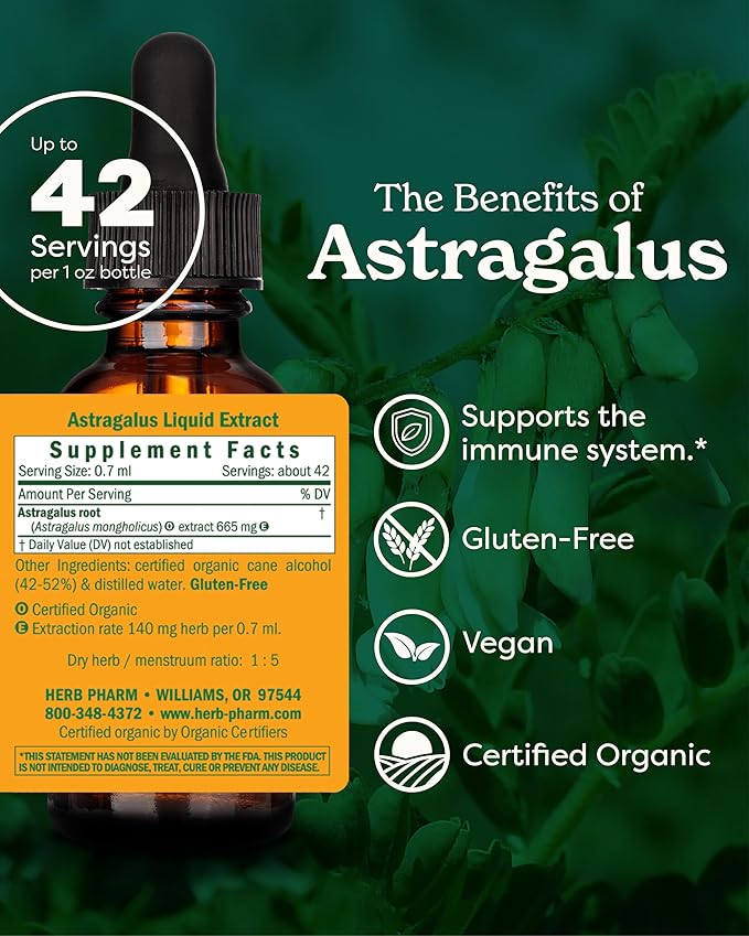 Herb Pharm Certified Organic Astragalus Liquid Extract for Immune System Support - 1 Oz