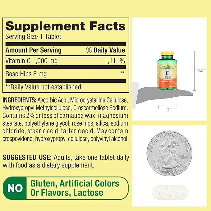 Spring Valley Vitamin C 1000mg with Rose HIPS Tablets Dietary Supplement, Antioxidant Protection, 100 Count (Pack of 1)