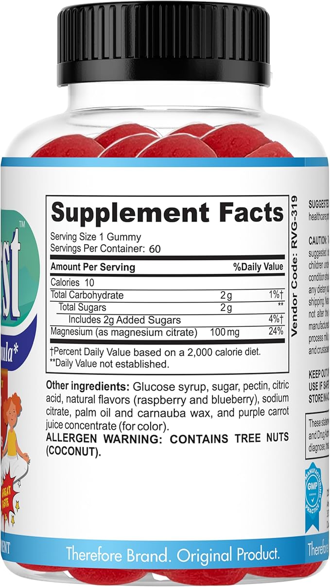 Therefore Magnesium Citrate Supplement for Teens, Calm Magnesium Gummies for Kids - Supports a Healthy Stress Response, Bone Health, Sleep - Gluten Free, Low Sugar (60-Day Supply)