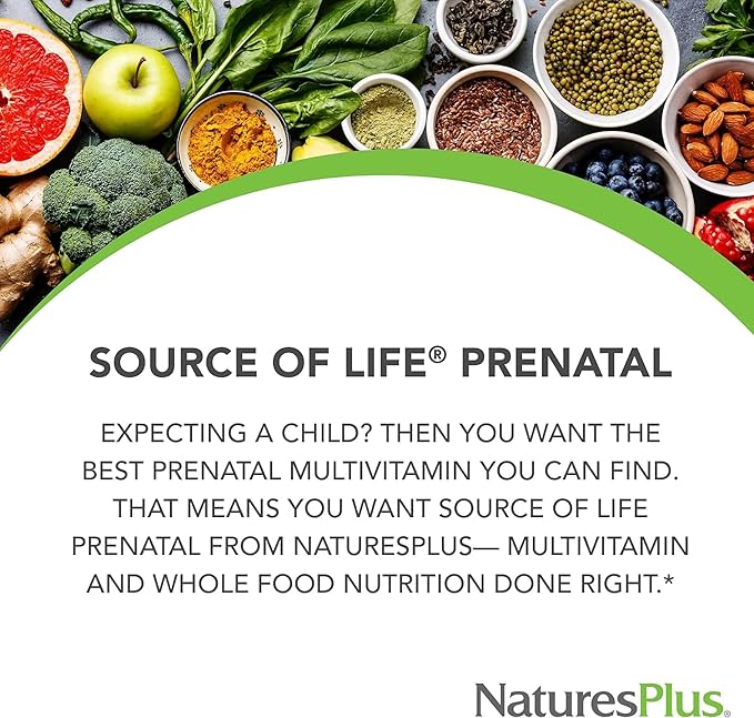 Natures Plus Source of Life Prenatal - 800 mcg Folate, 90 Vegetarian Tablets - All Natural Prenatal Vitamin & Minerals with Iron & Calcium - Optimal Health & Energy - Gluten-Free - 45 Servings