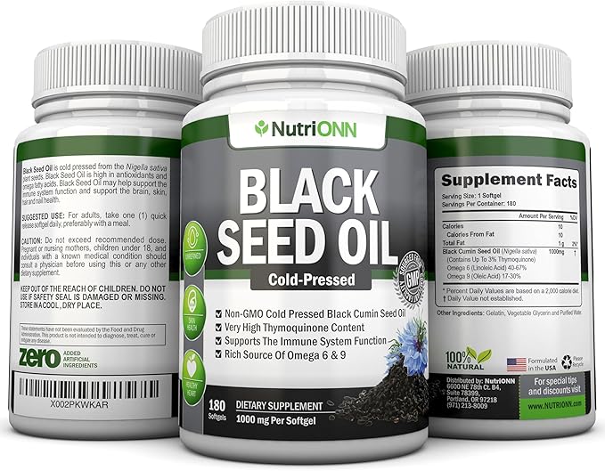 Black Seed Oil - 1000 Mg - 180 Softgels - Cold-Pressed Non-GMO Black Cumin Seed Capsules - Super High Thymoquinone Content - Nigella Sativa - Rich in Omega 6 & 9 Fatty Acids - Immune Health Support