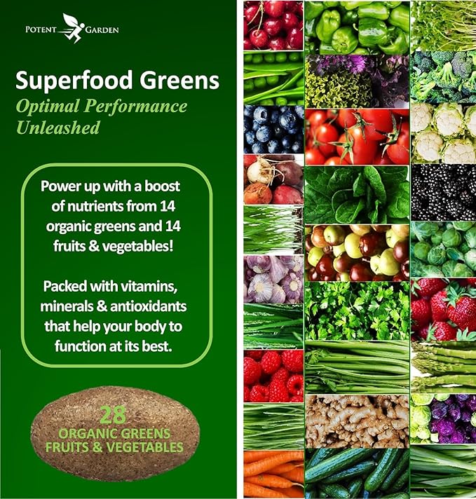 Potent Garden Organic Superfood Greens, Fruit and Veggies Supplement Rich in Vitamins & Antioxidants with Alfalfa, Beet Root & Tart Cherry to Boost Energy, Immunity & Gut Health, Greens Tablets 60 Ct