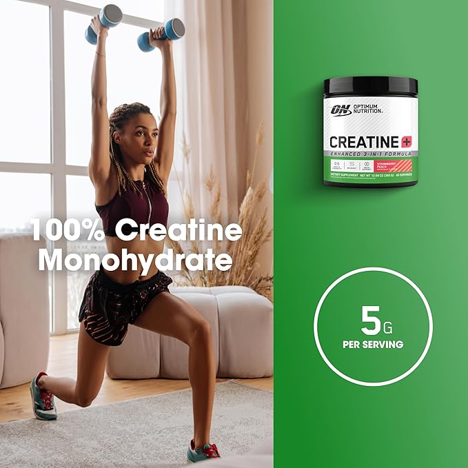 Optimum Nutrition Creatine Monohydrate Plus Powder, Strawberry Peach Flavored Creatine Performance Blend, with Electrolytes for Hydration, Added Vitamins, 40 Servings, 360 Grams (Packaging May Vary)