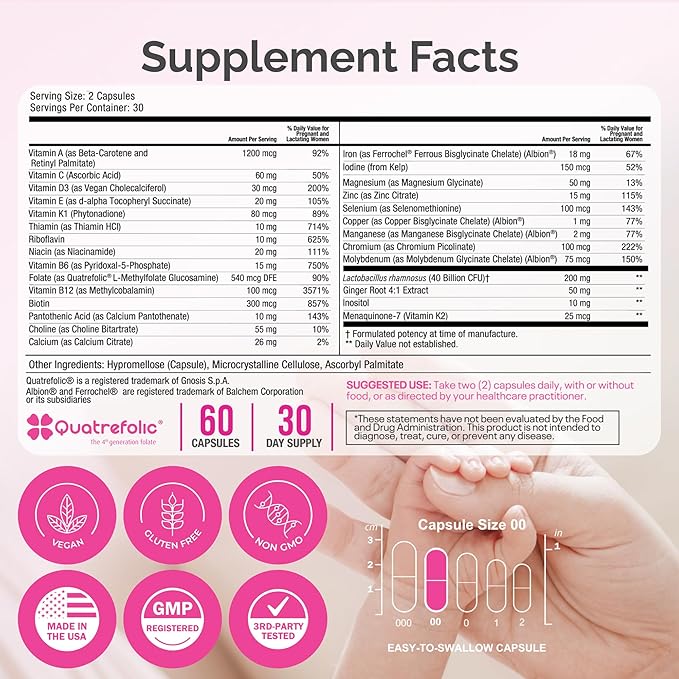 Power By Naturals Prenatal Probiotic Blend Vitamins w/Methylfolate, B12, Iron, Ginger & 27+ Essential Nutrients for Healthy Pregnancy, Prenatal Probiotics for Women, Pregnancy Probiotic, 60 Capsules