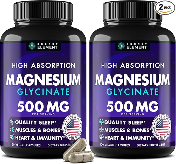 Magnesium Glycinate 500MG Capsules, Magnesium Supplement for Adults & Kids with Kava Kava, High Absorption, Vegan & Non-GMO, 120 Capsules, Pack of 2