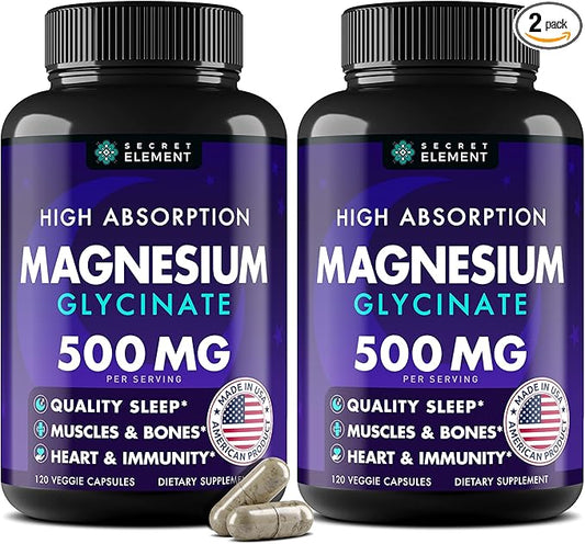 Magnesium Glycinate 500MG Capsules, Magnesium Supplement for Adults & Kids with Kava Kava, High Absorption, Vegan & Non-GMO, 120 Capsules, Pack of 2