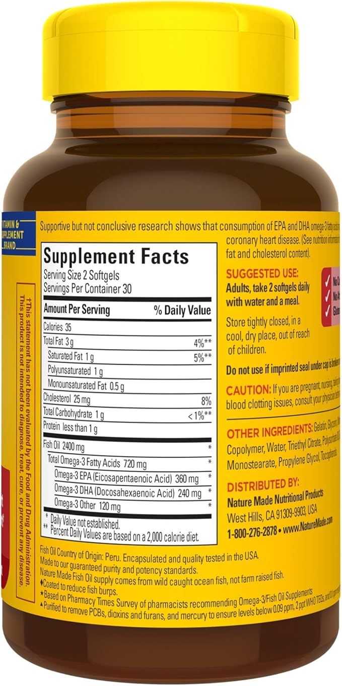 Nature Made Burp-Less Fish Oil 1200 mg, 60 Softgels, Fish Oil Omega 3 Supplement For Heart Health (Pack of 3)