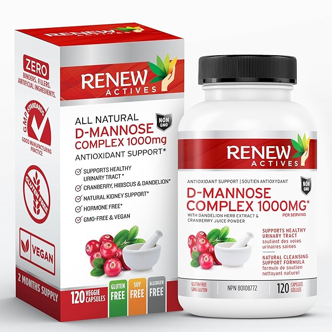 Renew Actives High Potency D-Mannose & Cranberry Complex 1000MG per 2 Capsules – with Hibiscus & Dandelion Extracts – Antioxidant Blend – No Artificial Flavours - Made in Canada - 120 Capsules