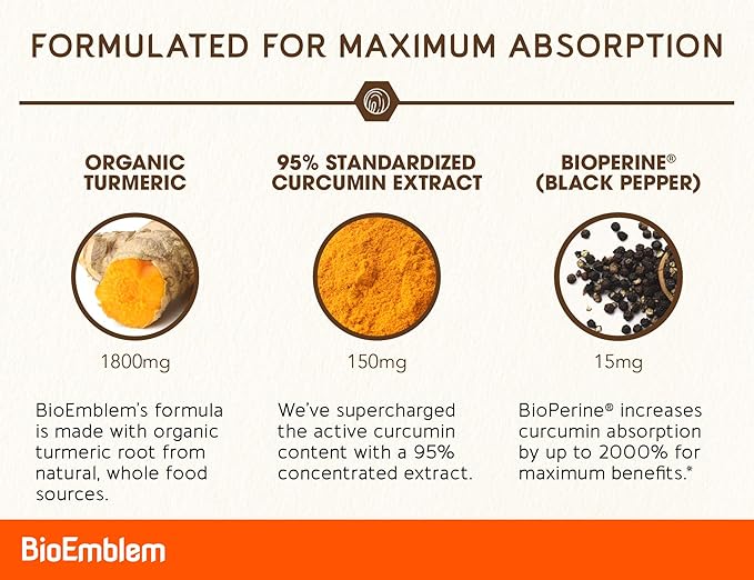 BioEmblem Turmeric Curcumin Supplement with BioPerine | Joint Support & Heart Health | with Organic Turmeric Powder & 95% Curcuminoids Extract | California Made, Non-GMO, 90-Day Supply