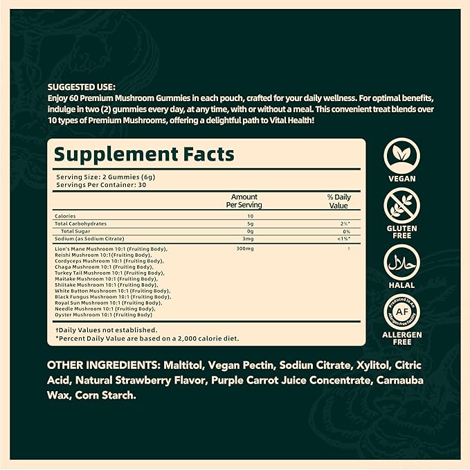Vital Source Nutrition - Premium Mushroom Gummies - Vitality, Digestion & Energy Support - 10 Types of Premium Mushrooms - Vegan, Gluten-Free & Halal - Wild Strawberry - 60 Gummies - 30 Servings