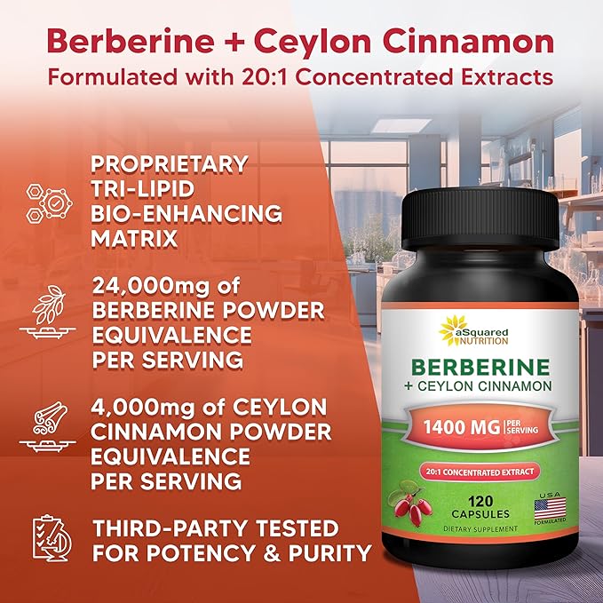 aSquared Nutrition Berberine with Ceylon Cinnamon Supplement - 1400mg Max Strength Complex - 120 Capsules - 1200mg HCl Powder Extract Plus Pills - Alternative to Gummies & Drops