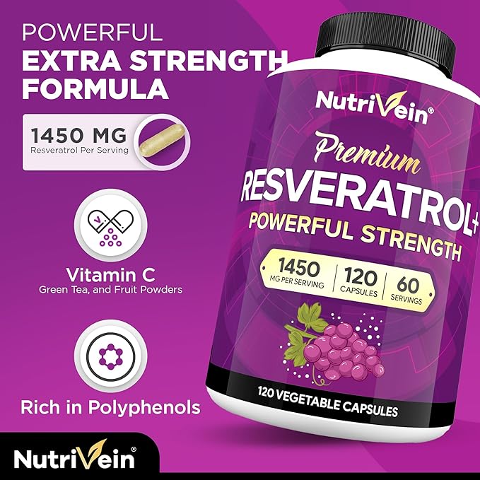 Nutrivein Premium Resveratrol 1450mg - 120 Caps: Pure Resveratrol Supplement Enhanced with Green Tea Leaf & Acai Berry - Aging, Defenses, Brain, and Joint Support