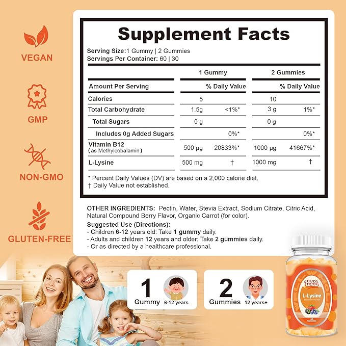 L-Lysine Gummies 1000mg - L-Lysine Supplements for Kids and Adults - Lip and Cold Sore* Support for Women - Chewable Lysine Gummies with Vitamin B12 - Vegan, Non GMO, Gluten-Free, 60 Counts