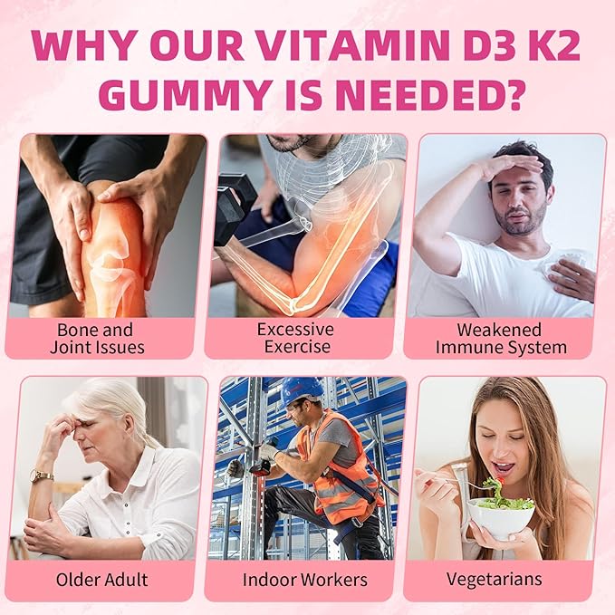 Vitamin D3 K2 Gummies, D3 Vitamin 5,000 IU + K2 200mcg - Vegan K2 D3 Vitamin Supplement, Highly Absorbent Supports Bone, Muscle, Immune, Raspberry, 60 Count
