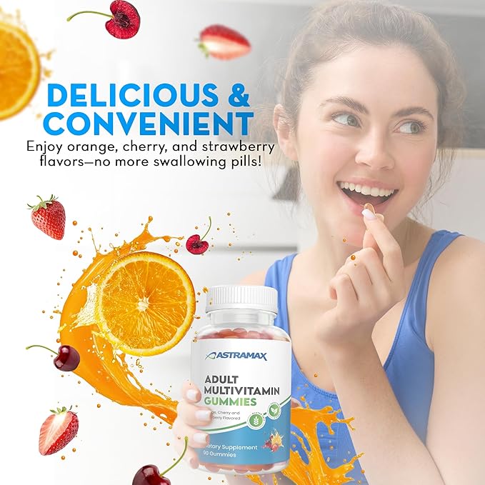 Adult Multivitamin Gummies – 90 Count | Orange, Cherry & Strawberry Flavors | Gluten Free, Vegetarian | Vitamins A, C, D, B12, Zinc | 45–90 Day Supply