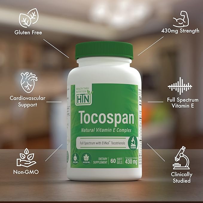 Health Thru Nutrition Tocospan Full Spectrum Vitamin-E 430 mg with EVNol Tocotrienols | All 8 Natural Vitamin E Sources | Clinically Studied | Cardiovascular & Antioxidant Support (Pack of 60)