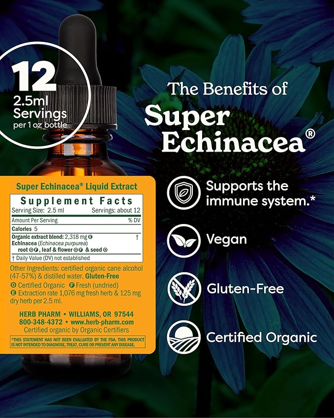 Herb Pharm Certified Organic Super Echinacea Liquid Extract for Active Immune System Support - 1 Ounce (DSUPER01)