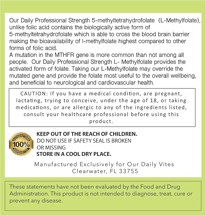 Our Daily Vites L-Methylfolate 7.5 mg / 7500 mcg Maximum Strength Active Folate, 5-MTHF, Filler Free, Gluten Free, Non-GMO, Vegetarian Capsules 60 Capsules
