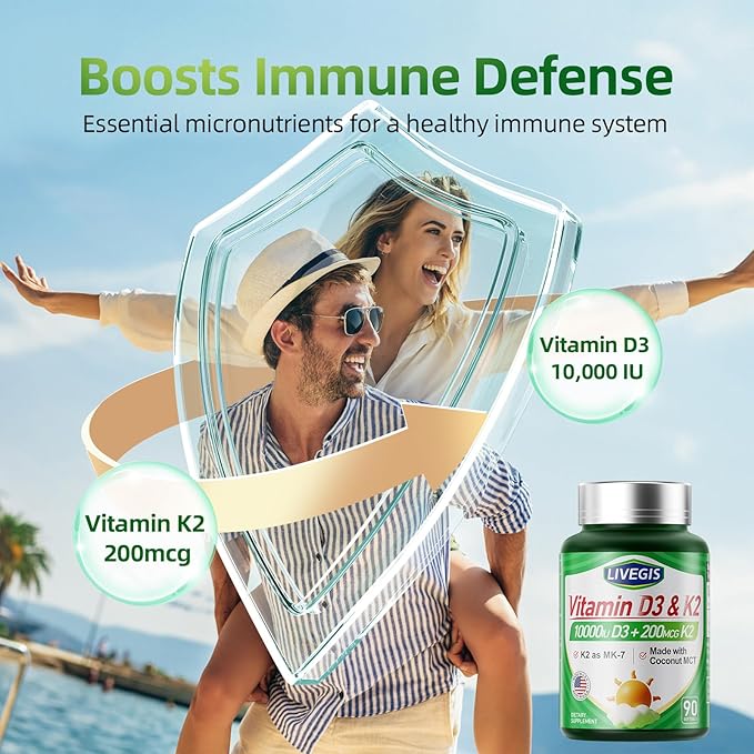 Vitamin D3 K2 Softgels, Vitamin D3 10000 IU with K2 (MK-7) 200 mcg with Coconut Oil Softgels, Supports Calcium Absorption, Bone, Immune and Heart Health - 90 Counts * 2 Packs