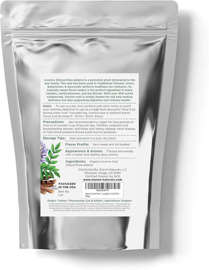 Organic Licorice Root 1 lb. (16 oz.), USDA Certified Organic Licorice Root Tea, Licourice Bulk Chopped, Liquorice, Raiz de Regaliz Licrice, Glycyrrhiza glabra, Cut & Sifted