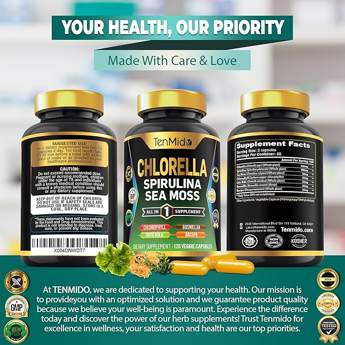 Organic Chlorella Supplement for Men and Women, 7in1 Formula with Spirulina, Sea Moss, Chlorophyll, Gotu Kola, Boswellia & Bacopa - Immune Support - Rich in Nutrient, Vitamins - 120 Capsules