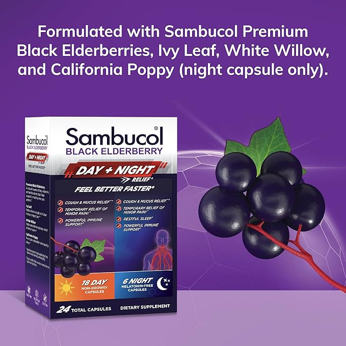 Sambucol Black Elderberry Day & Night Relief - Feel Better Faster, Cough & Mucus Relief for Adults, Immune Support, Non-Drowsy Daytime Relief, Restful Sleep, Melatonin-Free - 24 Capsules, 1 Pack