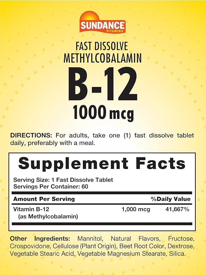 Sundance Vitamin B12 1000 mcg | Fast Dissolve Tablets | As Methylcobalamin | Vegetarian, Non-GMO & Gluten Free Supplement