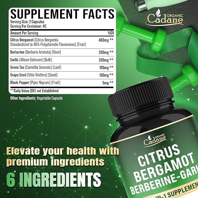 Organic Cadane Citrus Bergamot Supplement with Berberine, Garlic, Green Tea, Grape Seed & Black Pepper | Wellness & Vitality Support | Vegan, Non-GMO – 90 Capsules – 45-Day Supply