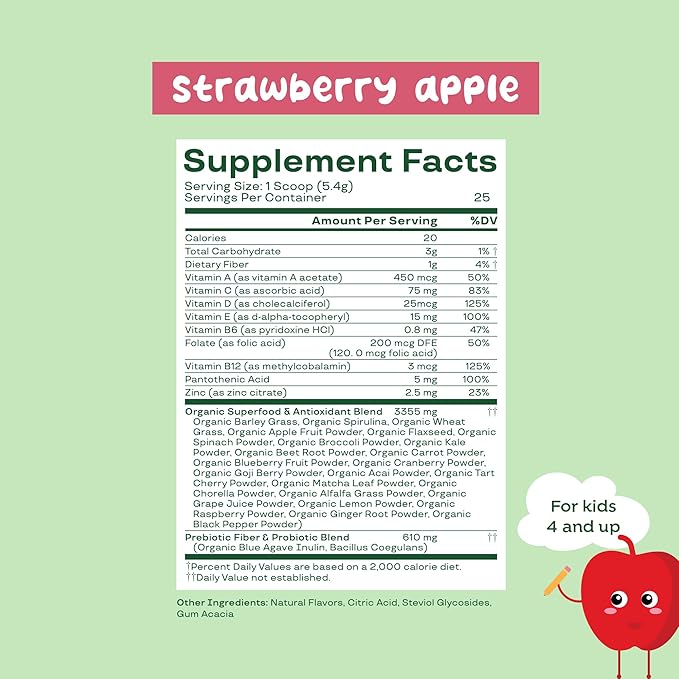 Bloom Nutrition Superfood Greens Powder for Kids, Digestive Enzymes, Probiotics, Prebiotics, Gut Health, Chlorella, Green Juice Mix w/Beet Root Powder (25 Servings (Pack of 1), Strawberry Apple)