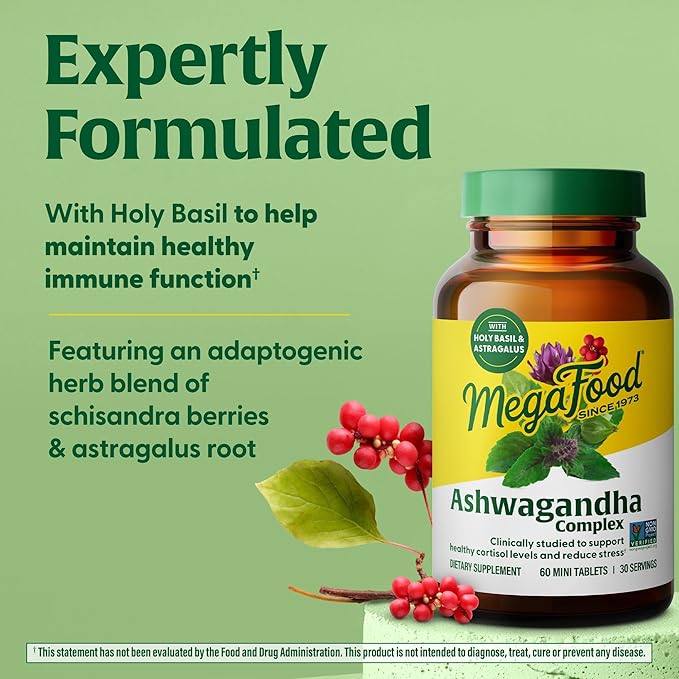 MegaFood Ashwagandha Complex (Formerly Stress Protect) - Ashwagandha Supplements with Astragalus Root & Holy Basil - Vegetarian & Gluten Free Cortisol Supplement - 60 Mini Tablets, 30 Servings