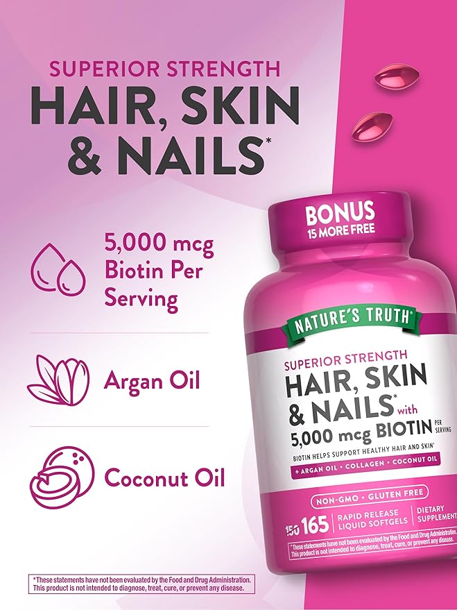 Nature's Truth Hair, Skin & Nails Vitamin | 5000 mcg Biotin | 165 Softgels | with Collagen | Non-GMO & Gluten Free Supplement