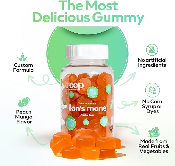 Troop Mushroom Lion's Mane Gummies, Supplement for Focus & Mood, Cognitive, Immune & Memory Support - Brain Boost, Natural Peach Mango Flavored Nootropic with Fruit Body Gummy - Vegan, 60 Count