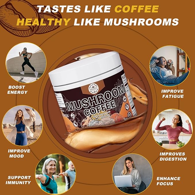 Mushroom Coffee, Instant Mushroom Coffee Mushroom Powder Blend (20 Servings) with Cordyceps, Reishi, Lion's Mane, Shiitake, King Trumpet, Mushroom Supplement for Energy, Focus, Immune Support