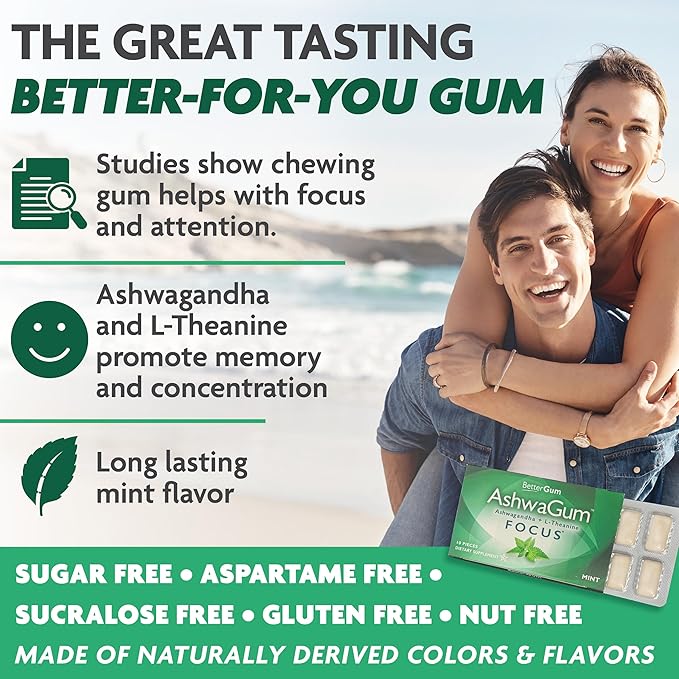 AshwaGum FOCUS Gum by BetterGum, High Potency Brain Supplement with KSM 66 Ashwagandha and L Theanine, Supports Concentration and Memory, Alternative to Gummies, Sugar-Free, 10 Pieces - 6 Pack